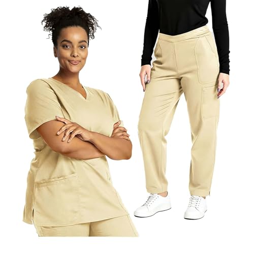 Image of 2026 Scrub Set for Women, Modern Classic V-Neck Scrubs Top with Straight Leg Pant Multi Pockets Housekeeping Uniform