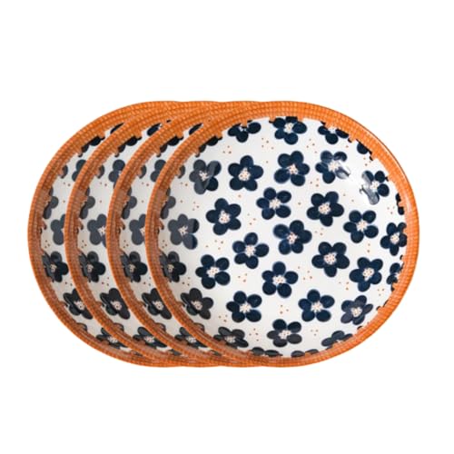 Image of Lellow Ceramic Dinner Plate Set of 4 | Floral Pattern with Orange Rim | Microwave Safe | Dishwasher Safe | Food Grade Glazed Ceramic | Modern Dining Plates for Daily Use