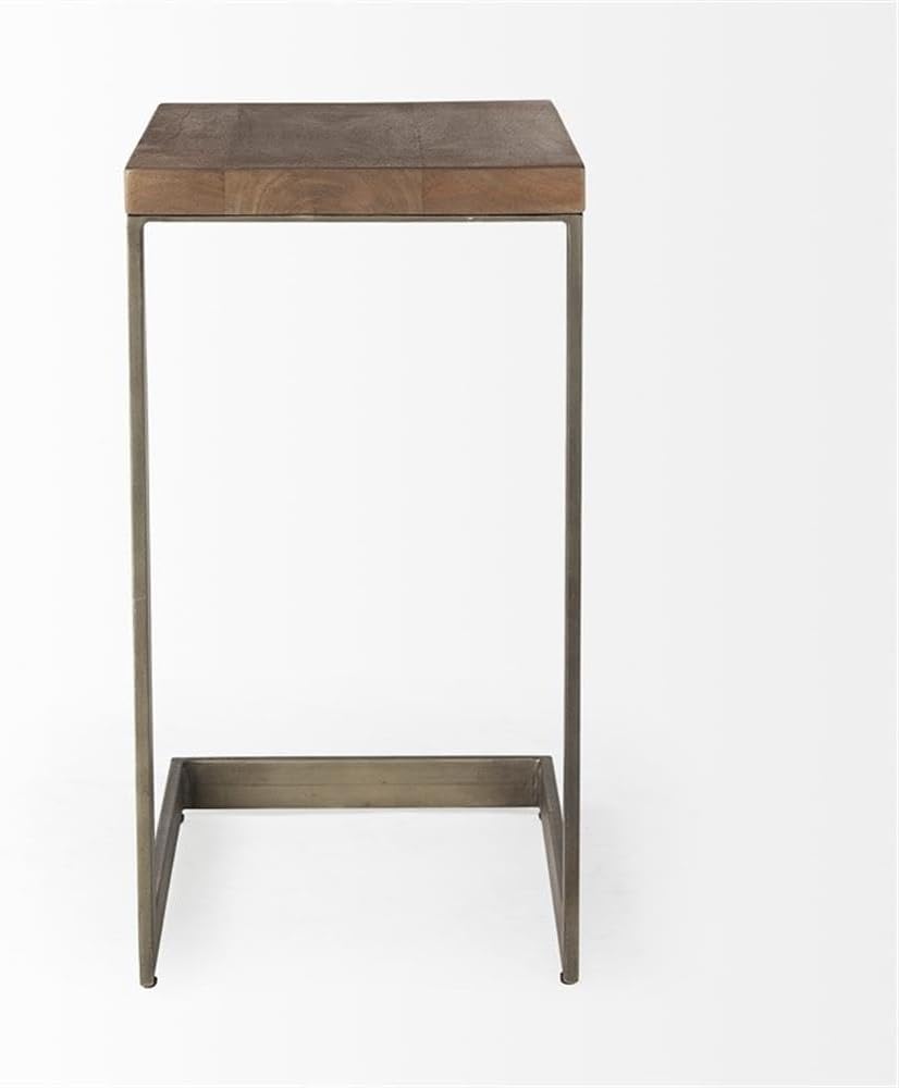 Pemberly Row C-Shaped Medium Brown Mango Wood Side Table, Antique Nickel-Finished Metal Base, Rustic Farmhouse Style Compact Accent Table for Living Room Sofa or Armchair Use
