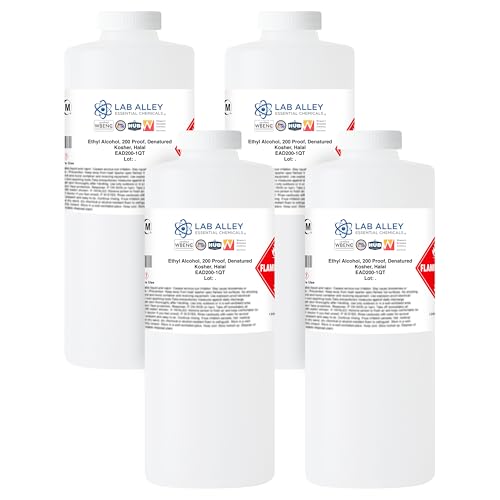 Lab Alley Denatured Ethanol 200 Proof, Kosher & Halal Certified, GMO-Free Ethyl Alcohol for Laboratory & Industrial Use, 1 Gallon (Pack of 4 x 1 Quart Bottles)
