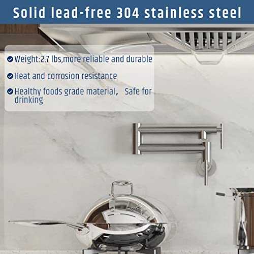 Blovtoo 20'' Pot Filler Faucet, Brushed Nickel Pot Filler Faucet Over Stove, Wall Mount Folding Water Faucet Over Stove, 304 Stainless Steel Double Joint Swing Arm With Single Hole, 2 Handles #TOP4