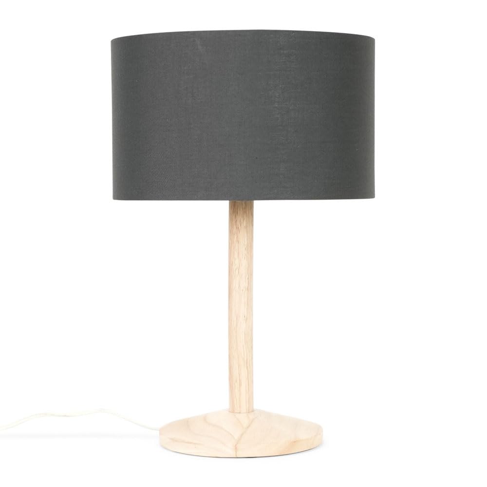Minisun Dark Grey | Single Stem Natural Light Wood Table Lamp With A Drum Shade | Table Lamps, Home Décor & Improvement Essential | Includes Bulb [3000K Warm White]