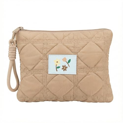 Necessaire Feminina Matelassê com Alça, Organizadora de Maquiagem e Viagem, Bordado Floral, Estojo Multiuso, 20x14x9cm - Qualidade Premium (Bege)