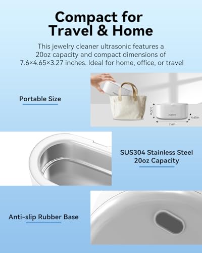 Image of JeaTone 600ML Ultrasonic Jewelry Cleaner with 50ml Jewelry Cleaner Solution | 20oz 304 Stainless Steel Tank, 5-min Timer, Quiet 45dB, 46 kHz High-Frequency Vibration, One-Click Operation,White