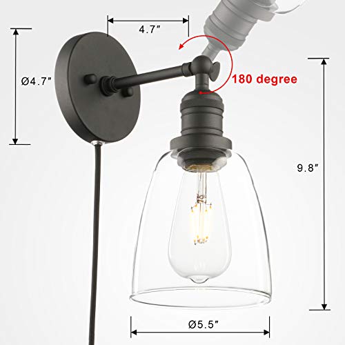 Image of Phansthy Bathroom Vanity Light Matte Black Plug in Wall Sconce with 5.5 Inch Clear Glass Light Shade (Black, Bell Glass Shade)