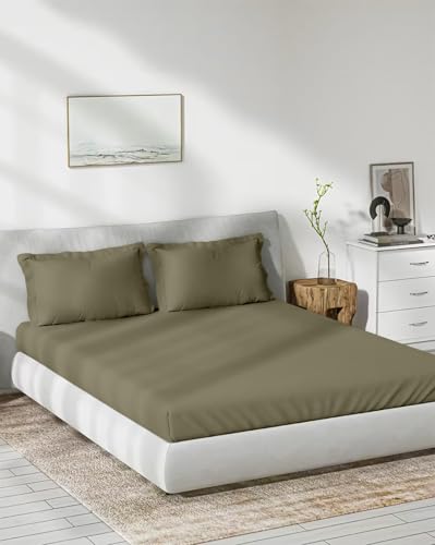 Image of Trance Home Linen 300 TC Bamboo Solid Fitted Bedsheet | Soft, Breathable & Eco-Friendly Bedsheet with 2 Pillow Cover - (75x72 inch, Mocha),Green