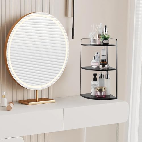 Image of 3 Tier Corner Bathroom Counter Organizer, Countertop Organizer, Makeup Organizer Countertop, Bathroom Storage Sink Shelf, Wooden and Metal Counter Shelf (Large Capacity-Black)