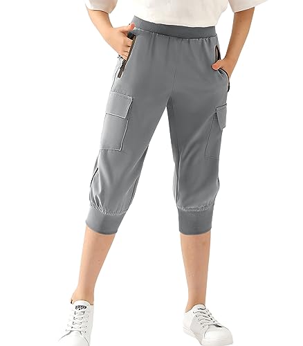 Image of DOUBLJU Lightweight Hiking Sweatpants Women Girls Kids Slightly Elastic Quick Dry Capri Cargo Jogger Athletic Workout Outdoor