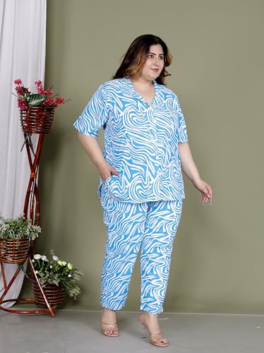 Image of Printed Shirt Style Cotton Night Suit for Women with Extra Plus Size