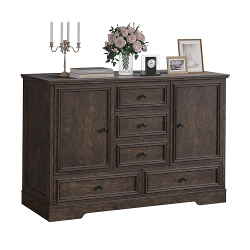Garvee Farmhouse Sideboard Buffet Cabinet with 5 Drawers and 2 Doors, 47" Kitchen Storage Cabinet, Wood Coffee Bar Cabinet with Adjustable Shelves for