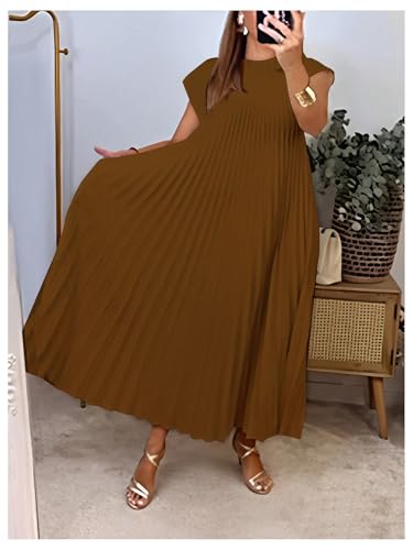 Image of GORGLITTER Women's Pleated Flowy Chiffon Church Dresses Elegant Summer Short Sleeve Wedding Guest Maxi Dress Outfits