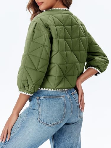 Tankaneo Womens Cropped Quilted Jacket Winter Lightweight Puff 3/4 Sleeve Button Down Contrast Trim Coat3
