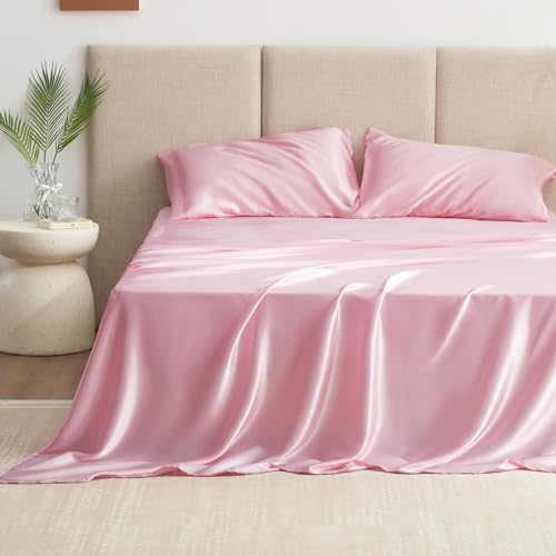 Love's cabin Satin Queen Sheets Set - 4 Piece Pink Silky Bed Sheets Set with Deep Pocket, Luxury Silk Feel Satin Queen Size Sheet Set (1 Flat Sheet,1 Fitted Sheet,2 Pillow Cases) - Image 3