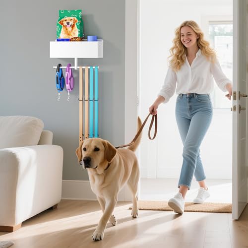 YYBO Hundegarderobe mit ablage, Hundeleinen Halterung Wand, Hunde Garderobe für Hundezubehör Hundeleine, Hundespielzeug & Halsband Aufbewahrung, Metall Schlüsselbrett (Weiß)