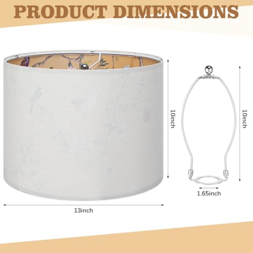Hortsun 2 Pack Chinoiserie Drum Lamp Shade 13 x 13 x 10 Inch Cream Linen Lampshade with Exquisite Bird Floral Lining Spider Easy Assembly Replacement Shade for Farmhouse Table Lamp Floor Wall Sconces — view 3