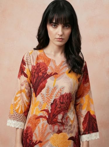 Image of Bee M Pee Designer Trendy Floral Printed Poly Rayon Cotton Kurta Coord Sets for Women | Stylish Casual Kurti Tunic Cord Set with Pant for Woman for Office