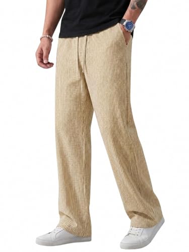 Image of Men's Casual Striped Trouser | Relaxed Fit Drawstring Pants for Men | Elastic Waist Straight Fit Lounge Trousers | Lightweight Summer Cotton Bottoms | Comfortable Daily, Beach, Travel Pants