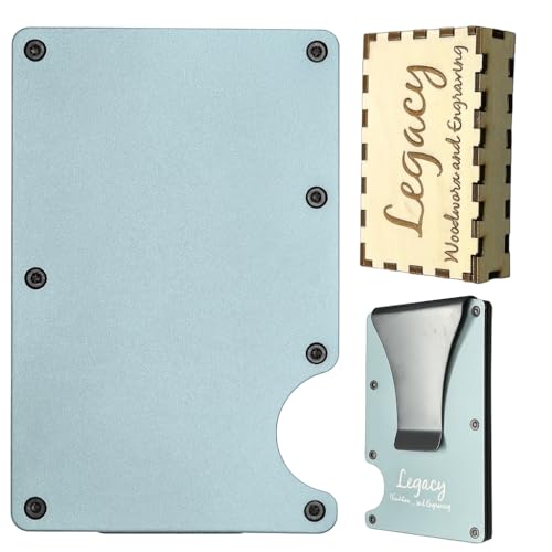 Legacy RFID Blocking Slim Aluminum Wallet with Money Clip – Minimalist Front Pocket Wallet with Wooden Case & Bottle Opener