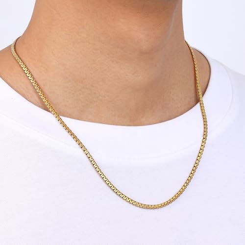 Fiusem Flat Box Chains for Men, 14k Gold Plated Stainless Steel Chain Necklace, 3/5mm Necklaces for Men and Women 16-28 Inch4