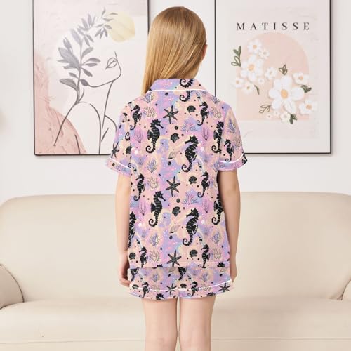 Black Seahorse Print Summer Satin Pajama Set, Cute Button-Down Sleepwear Pj Set for Sleep Wears4