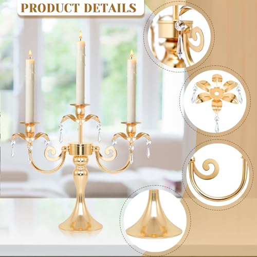 Image of Metal 3 Arm Candelabra with Crystal Pendants - 11.8 Inch Tall Candle Holders, Set of 2 - Elegant Taper Candlestick Stand for Wedding, Dining Table, Christmas Party Home Decoration (2, Gold)
