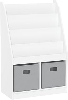 RiverRidge Kids Bookrack with Two Cubbies, White with 2 Gray Bins