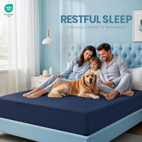 Image of King Size Mattress Protector Waterproof, Premium 200 GSM Terry Mattress Cover, Soft & Breathable Bed Cover, Fitted Sheet Style Stretchable Deep Pockets 17 inch by Utopia Bedding (Navy Blue)