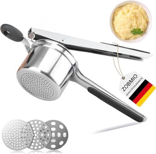 ZOBMIO Kartoffelpresse Edelstahl Kartoffelstampfer mit 3 Austauschbare Sieb Spätzlepresse mit Rutschfestem Silikongriff Spülmaschinenfest für Gepresster Kartoffelbrei Gemüsepürees Säfte