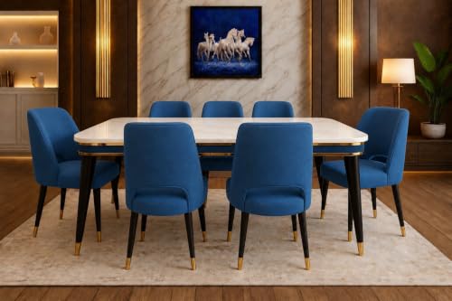 Image of WOODEN SPACE 6-Seater Wooden Dining Table Set | Nano Composite Marble Top | Solid Wood Base | Modern Dining Room Furniture with 6 Chairs (Vintage Blue)