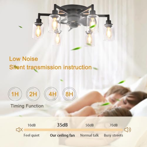 Image of Garwarm 26IN Ceiling Fans with Lights, Black Flush Mount Ceiling Fan with Lights Remote Control,Low Profile Bladeless Ceiling Fan Light Fixture for Bedroom, Kitchen, Dining Room
