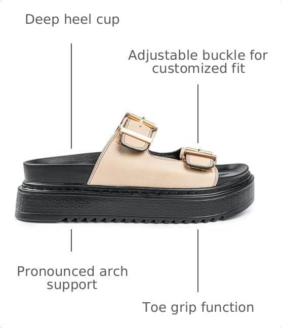 Image of Chunky Platform Sandals for Women, Waterproof Non-Slip Rubber Sole, Adjustable Double Buckle, Arch Support Open Toe Slide Sandals, Comfortable Black Wedge Sandals for Women