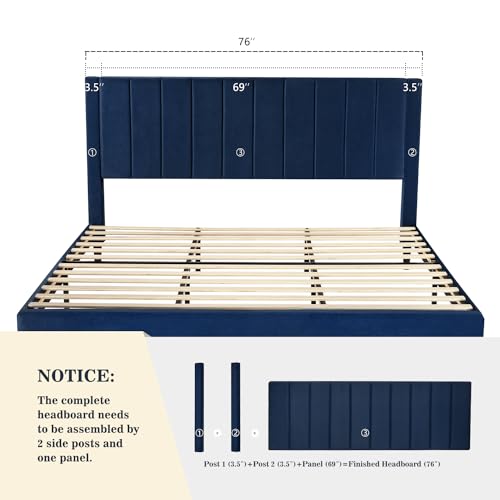 Image of Allewie King Platform Bed Frame /Velvet Upholstered Bed Frame with Vertical Channel Tufted Headboard /Strong Wooden Slats /Mattress Foundation /Box Spring Optional /Easy Assembly /Navy Blue