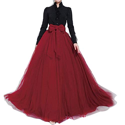 Women Wedding Long Maxi Puffy Tulle Skirt Floor Length A Line with Bowknot Belt High Waisted for Wedding Party Evening(Wine Red,X-Large)