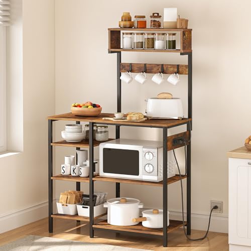 HOOBRO Bakers Rack with Power Outlet, 35.4 Inches Microwave Stand with 4 Hooks, 6 Tiers Kitchen...