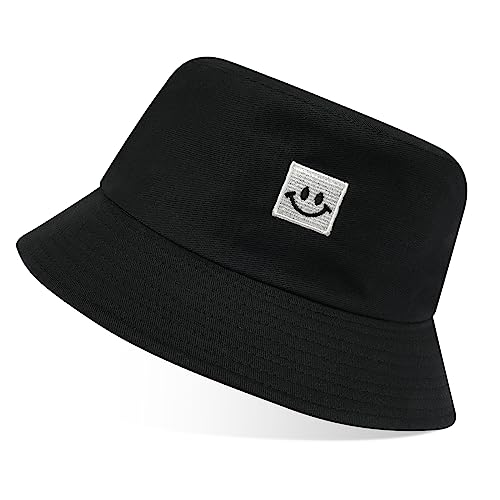 flintronic Fischerhut Bucket Hat, Unisex Baumwolle Smiling Face Hut, Faltbarer Fischerhüte, Outdoor Sommerhut Sonnenhut, Reversibel Freizeithut für Wandern Camping Reisen Angeln (Schwarz)