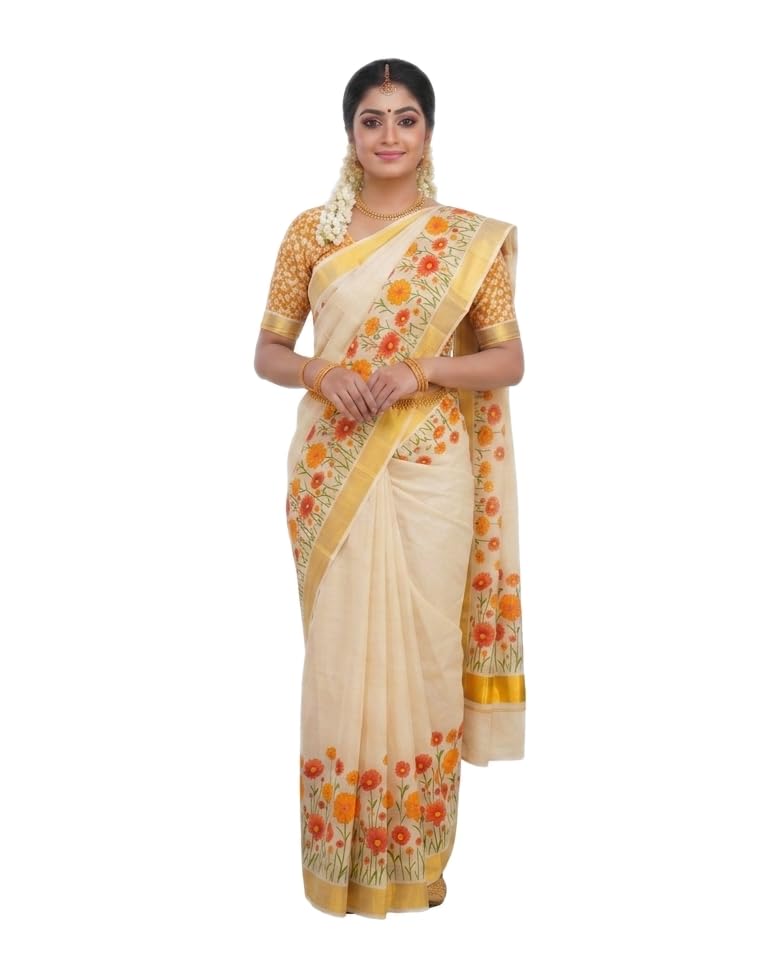 Image of Women's Mural Printed Kerala Gold Tissue Saree with Running Blouse Piece | Traditional South Indian Ethnic Saree for Festivals, Weddings & Special Occasions