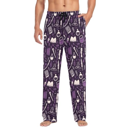 Men's Halloween Witch Pajama Pants with Pockets - Straight Fit Cotton Sleep Bottoms for Lounge & Nightwear#575