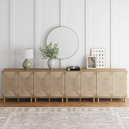 Image of Nathan James Beacon Accent Natural Sideboard Storage Cabinet TV Stand in Light Wood with Adjustable Interior Shelf and Seagrass Doors, for Hallway, Entryway or Dining Room, Light Brown, Set of 4