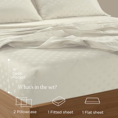 Image of Threadmill 300 Thread Count Cotton King Sheet Set, Sateen, Jacquard, Cream | 100% Cotton, Sateen Weave, Jacquard Pattern, 4-Piece Set, 16 inch Deep Pocket, All-Around Elastic, Cooling, Breathable