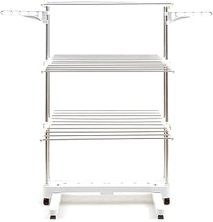 Stojący na podłogę stojak na ręczniki, składany 3-warstwowy wieszak na ręczniki ze stali nierdzewnej z uniwersalnymi kółkami i dolnym schowkiem/biały / 148x76x144cm