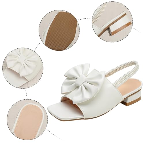 IWIHMIV Girls Sandals Square Toe Low Heel Dress Elastic Ankle Strap Bow Flower Wedding Party Shoes for Little Kid3