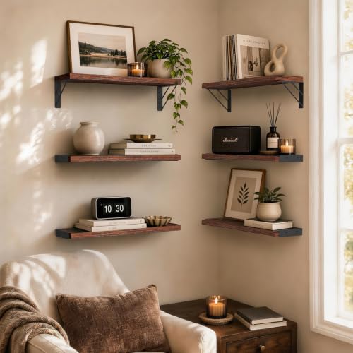 Image of BAYKA Wall Mounted Floating Bathroom Shelves, Rustic Brown, 6-Set,Same Size | Wood Wall Shelf for Bathroom Essentials & Decor, Space-Saving Display & Organizer