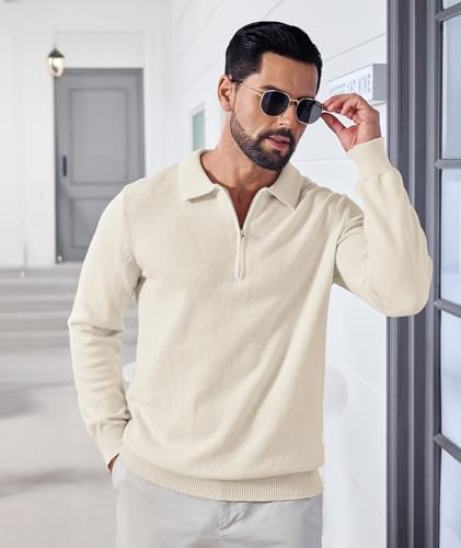 Polo de punto para hombre clásico de manga larga con cuello térmico y cremallera, color sólido, ligero y cálido, tacto suave y agradable para la piel, acanalado, ajuste regular, transpirable, para otoño e invierno miniatura 6