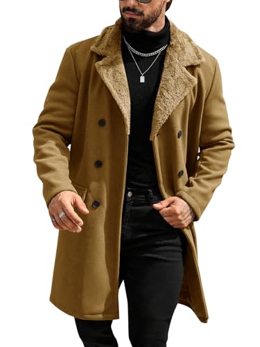 Image of Runcati Mens Trench Coat Double Breasted Notched Collar Fleece Jacket Slim Fit Fall Winter Fuzzy Pea Coats Warm Overcoat