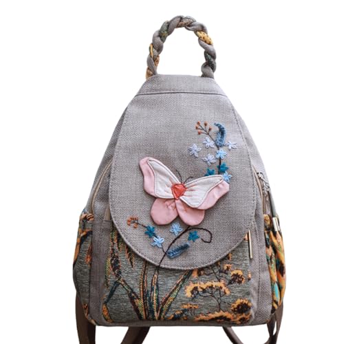 Mochila feminina de palha de algodão e linho, estilo boêmio, pequena, conversível, com design de tecido e borlas, vintage, bolsa casual bordada, mochila de mão.