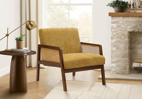 Star20XX Accent Chair, Upholstered Chair, Gold Fabric Armchair, Brown Walnut Wood Frame, Cane Side Panels, Plush Foam Cushion, Mid Century Modern Chair for Living Room Bedroom, 30 Inch Height