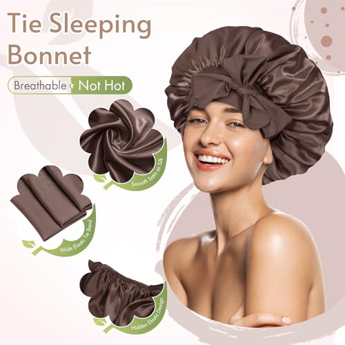 Image of BONNET QUEEN Silk Bonnet for Sleeping Satin Bonnet Women Hair Wrap Night Sleep Cap Scarf Wrap for Curly Hair with Tie Band Chocolate