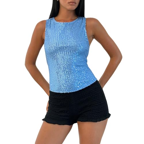 Womens Shine Sequin Tank Tops Sleeveless Crew Neck Glitter Slim Fit Vest Y2K Tops for Club Party (Blue S)