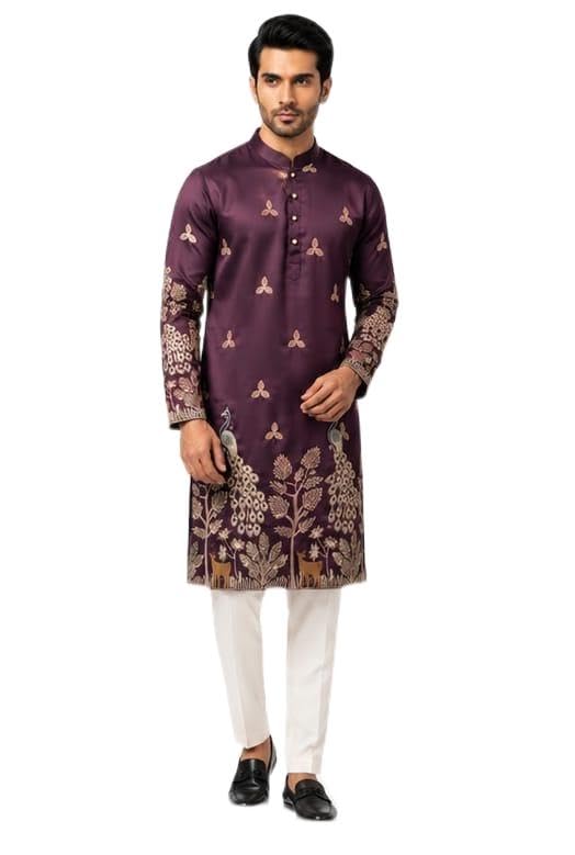Men's Purple Silk Kurta with Peacock Embroidery, Full Sleeve(S)-image-44