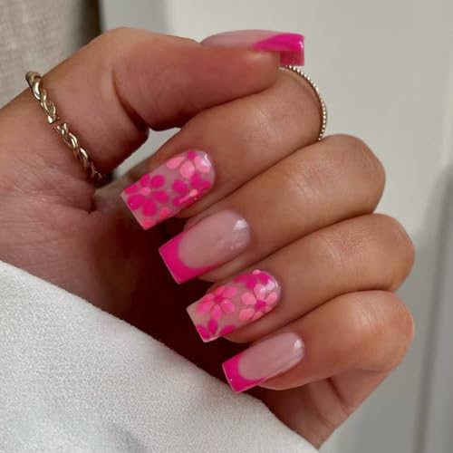 Medium Press on Nails Square Spring Flower Acrylic Nail Tip Kit F...